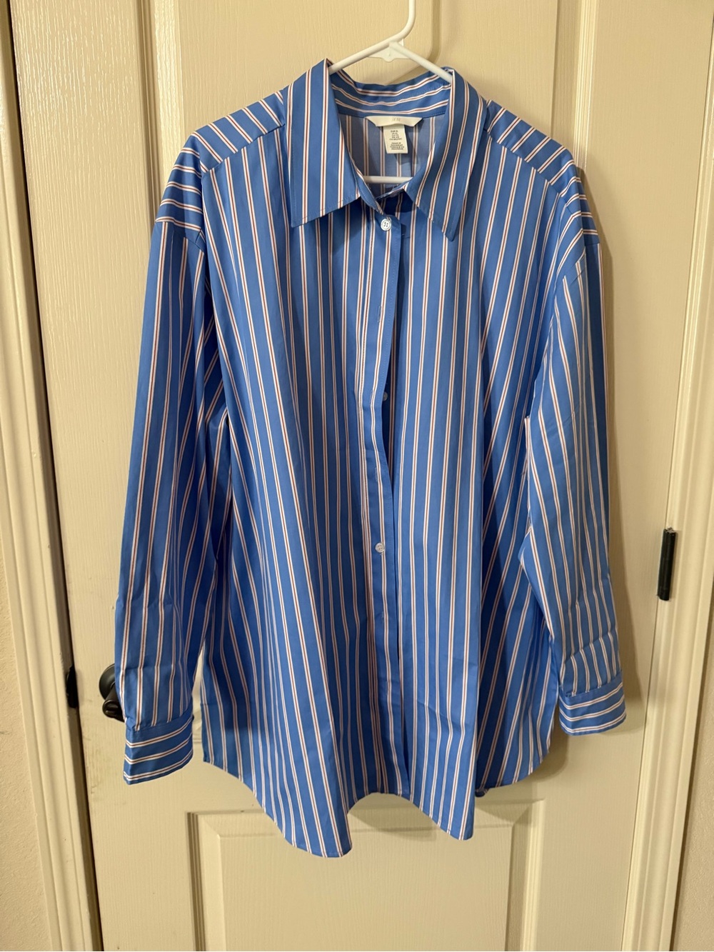 H&M Women’s Oversized Blue and White Vertical Stripe Button-Down Shirt